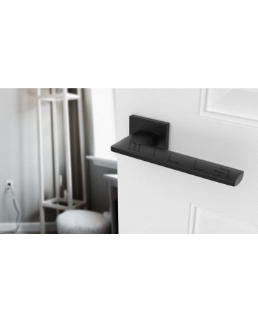 Poignée de porte noire mate LUNARIA poignée design vue inclinée montée sur une porte