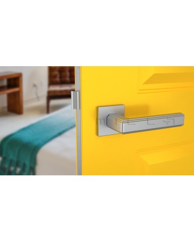 Poignée de porte Chrome satiné RAFLESIA poignée design montée sur une porte