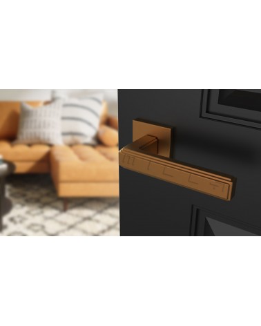 Poignée de porte cuivre RAFLESIA poignée design montée sur une porte entrouverte