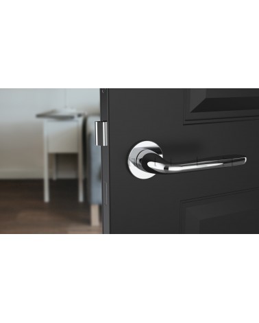 Poignée de porte chrome poli HIACYNTA poignée design vue de face montée sur une porte
