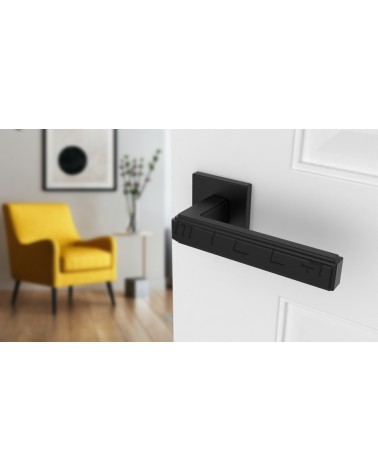 Poignée de porte Noire RAFLESIA poignée design montée sur une porte entrouverte