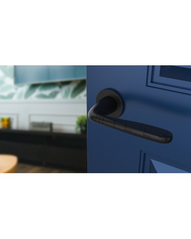 Poignée de porte noire HIACYNTA poignée design vue de haut inclinée montée sur une porte