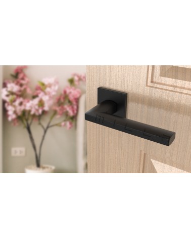 Poignée de porte noire PYROLA quincaillerie design vue inclinée montée sur une porte