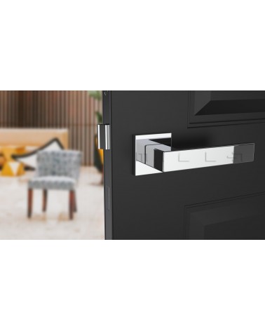 Poignée de porte chrome poli PINA poignée design vue de face montée sur une porte