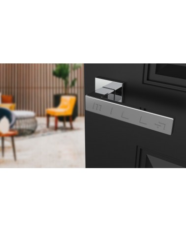 Poignée de porte chrome poli PINA poignée design vue inclinée montée sur une porte