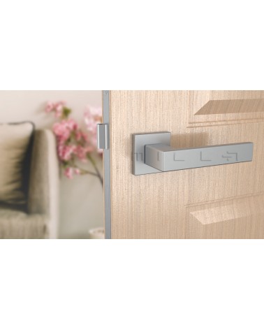 Poignée de porte chrome satiné PINA poignée design vue de face montée sur une porte