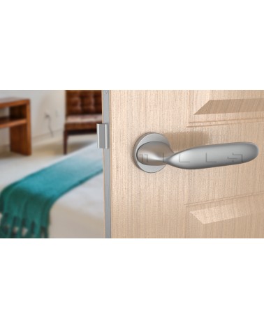 Poignée de porte chrome satiné PEONIA poignée design vue de face montée sur une porte