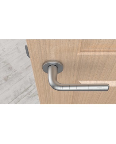 Poignée de porte Chrome satiné TULIPA porte intérieure design vue de haut montée sur une porte
