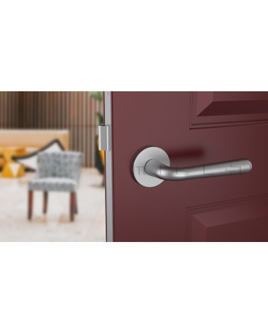 Poignée de porte chrome satiné IRGA poignée design vue de face montée sur une porte