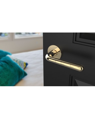 Poignée de porte Retro IRGA poignée design couleur 5 vue de haut inclinée montée sur une porte