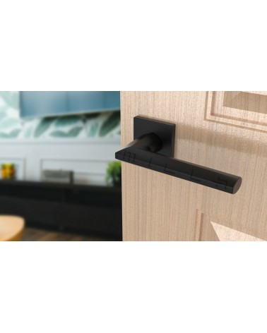 Poignée de porte noire JASMINA poignée design vue inclinée montée sur une porte