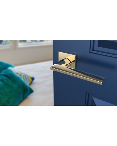 Poignée de porte JASMINA poignée design couleur 1 vue inclinée montée sur une porte