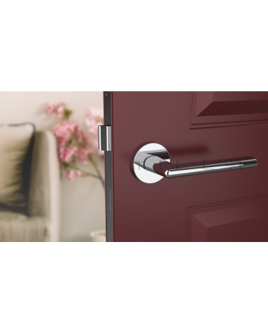 Poignée de porte chrome poli KALMIA poignée design vue de face montée sur une porte
