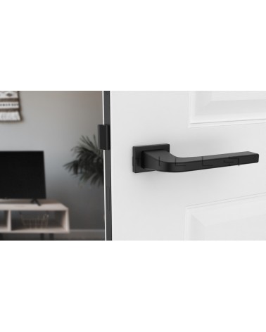 Poignée de porte noire ISMENA quincaillerie design vue de face montée sur une porte