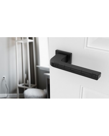 Poignée de porte noire ISMENA quincaillerie design vue inclinée montée sur une porte