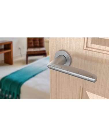 Poignée de porte chrome satiné LUNA poignée design montée sur une porte
