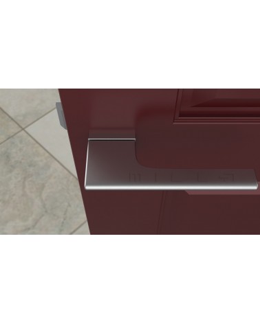 Poignée de porte chrome satinée LUPINA poignée design vue de haut montée sur une porte