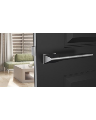 Poignée de porte chrome satinée LUPINA poignée design vue de face montée sur une porte
