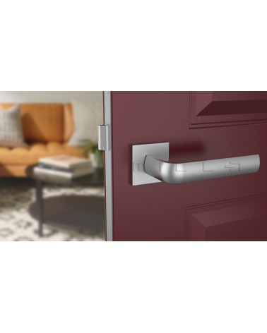 Poignée de porte chrome satiné MELA poignée design vue de face montée sur une porte