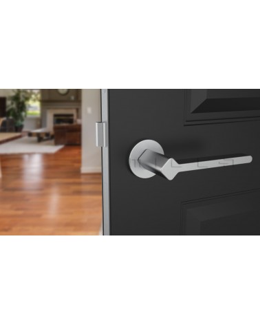 Poignée de porte chrome satiné NINFEA poignée design vue de face montée sur une porte 1