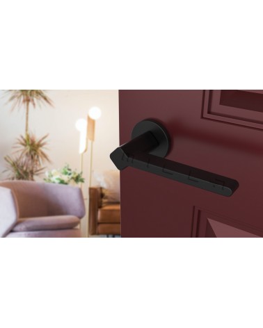 Poignée de porte noire NINFEA quincaillerie design vue inclinée montée sur une porte