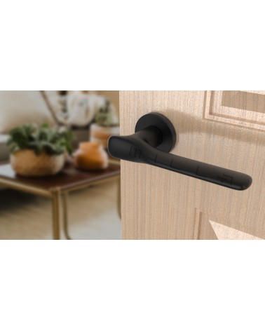 Poignée de porte noire ORCHIDE poignée design vue inclinée montée sur une porte