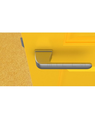 Poignée de porte chrome satiné PLUMERIA poignée design vue de haut montée sur une porte
