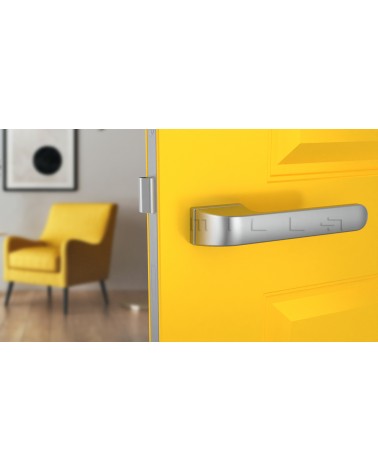 Poignée de porte chrome satiné PLUMERIA poignée design vue de face montée sur une porte