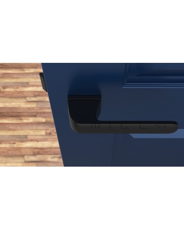 Poignée de porte noire PLUMERIA poignée design vue de haut montée sur une porte