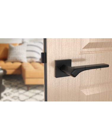 Poignée de porte noire BERGERIA quincaillerie design vue de face montée sur une porte