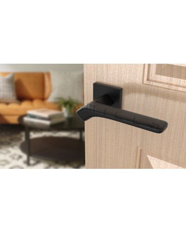 Poignée de porte noire BERGERIA quincaillerie design vue inclinée montée sur une porte