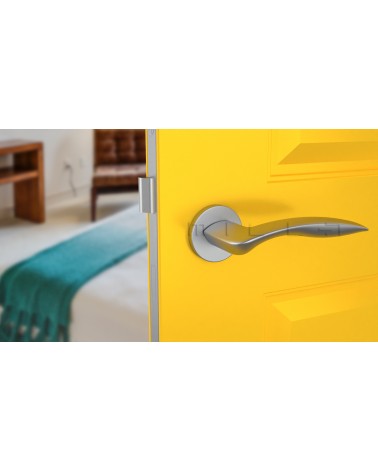 Poignée de porte chrome satiné ROBINE quincaillerie design vue de face montée sur une porte