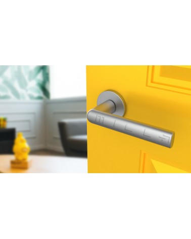 Poignée de porte moderne SILENA poignée design couleur 1 vue de haut inclinée montée sur une porte