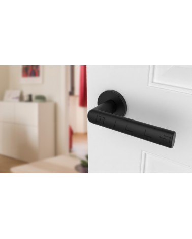 Poignée de porte noire SILENA quincaillerie design vue inclinée montée sur une porte