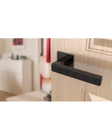 Poignée de porte TILLIA porte intérieure design couleur 1 vue inclinée montée sur une porte