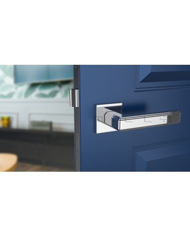 Poignée de porte en zamak RAFLESIA poignée design couleur 2 montée sur une porte bleue