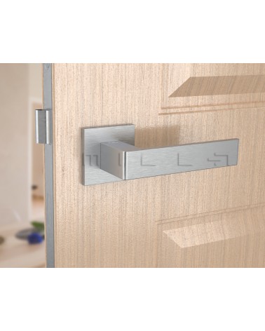 Poignée de porte chrome brossé Apollo poignée design vue de face montée sur une porte