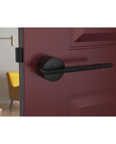 Poignée de porte futuriste JUMELLE poignée design vue de face montée sur une porte
