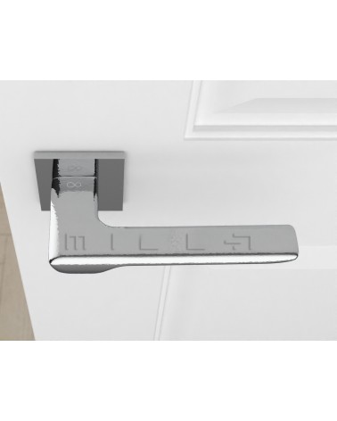 Poignée de porte chrome poli LIGNE poignée design vue de haut montée sur une porte