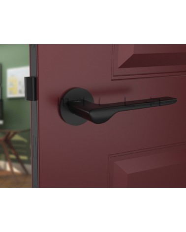 Poignée de porte noire LIGNE poignée design vue de face montée sur une porte
