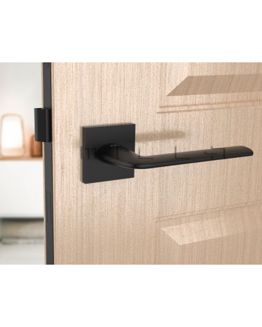Poignée de porte noire STINGER poignée design vue de face montée sur une porte