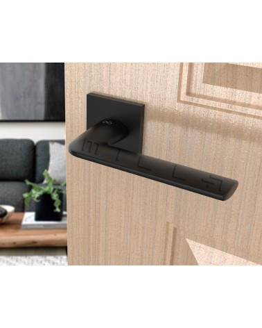 Poignée de porte noire STINGER poignée design vue inclinée montée sur une porte