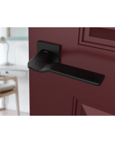 Poignée de porte noire LINE BALI poignée design vue inclinée montée sur une porte