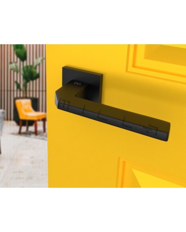Poignée de porte noire ETNA quincaillerie design vue inclinée montée sur une porte