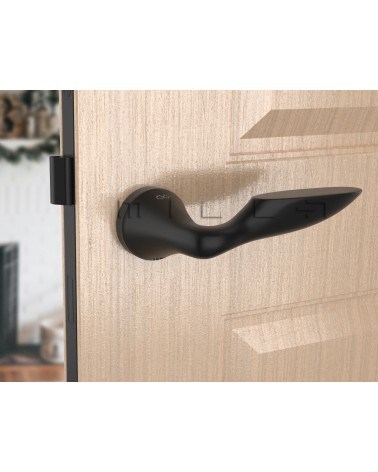 Poignée de porte noire DOUCE poignée design vue inclinée montée sur une porte