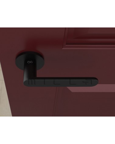 Poignée de porte noire Line Vénus poignée design vue de haut montée sur une porte