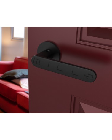Poignée de porte noire Line Vénus poignée design montée sur une porte entrouverte