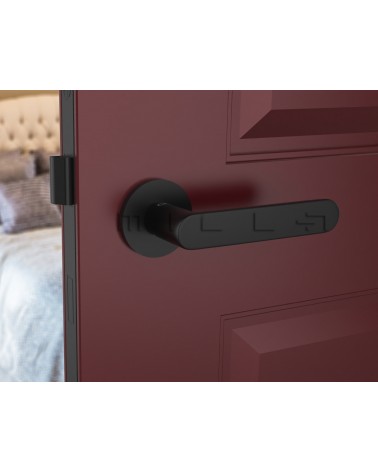 Poignée de porte noire Line Vénus poignée design vue de face montée sur une porte