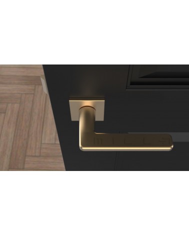 Poignée de porte sur plaque carrée SETIA  quincaillerie design couleur 2 vue de haut montée sur une porte