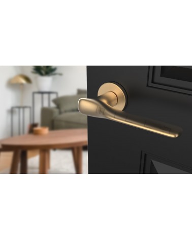 Poignée de porte en zamak ORCHIDE poignée design couleur 3 vue de haut inclinée montée sur une porte